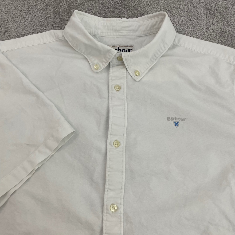 Barbour Mens Medium White Short Sleeve Button Down Tailored Fit Shirt Minimalist